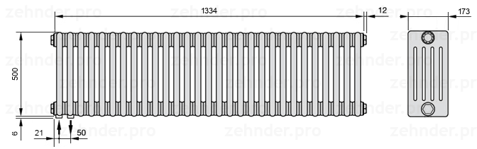 Схема (чертеж) Радиатор Zehnder Charleston 5050/29 №3370 Белый глянцевый RAL 9016
